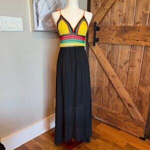 Blue Moon Rasta Crochet Maxi Dress Black Cotton Boho Festival Reggae Colors NWT